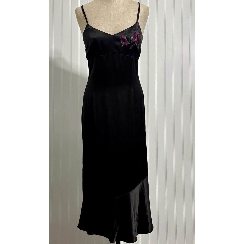 Vintage Express Womens 9/10 Midi Slip Dress Satin Black Floral Whimsigoth Y2K